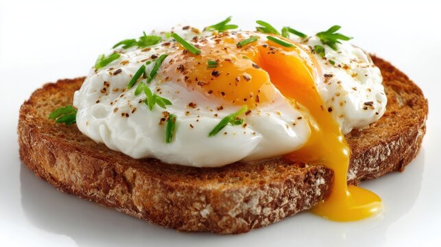 A beautifully poached egg sits atop a slice of toasted bread, with a golden yolk gently oozing out. Fresh herbs add color and flavor, making it an inviting breakfast option