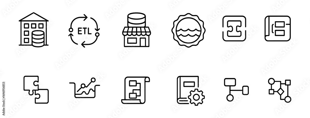 Poster data and analytics line icon set. big data, analysis, technology linear collection