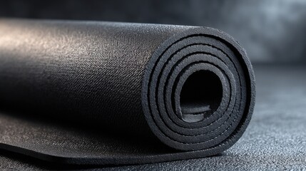 A black exercise mat is neatly rolled up, showing its textured surface. The mat sits on a dark background, suggesting preparation for a workout or yoga session in a gym