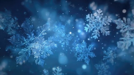 Frosted, intricate snowflakes float against a dark blue backdrop