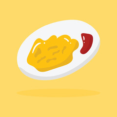 Omelette with ketchup on a white dish isolated on a yellow background.
