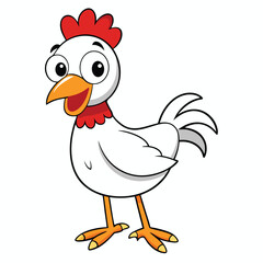 Cartoon White Chicken with Red Comb, Orange Beak and Legs isolated on White Background