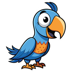 Cartoon Blue Parrot with Orange Beak, Detailed Feathers, and White Background