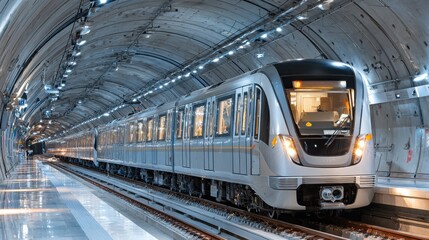 A sleek subway train stands at an underground station, illuminated by bright artificial lights. The clean lines and contemporary design of the station enhance the urban transit experience