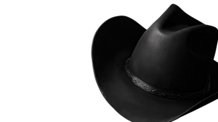 A black cowboy hat featuring a decorative band rests on a plain white background, showcasing Western fashion aesthetics