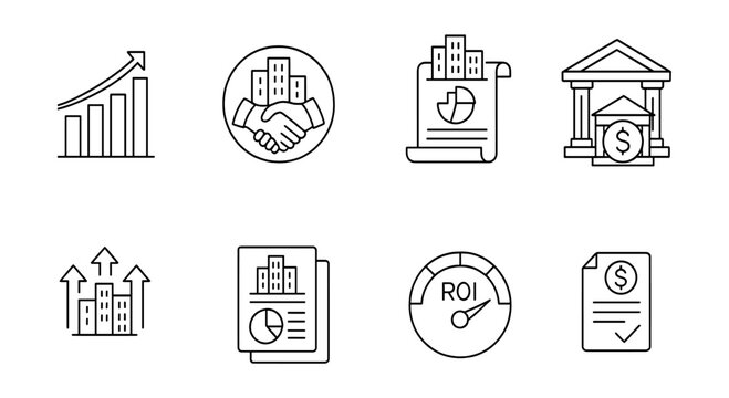 Business and finance line icon set. analytics, growth, economy, commerce graphics