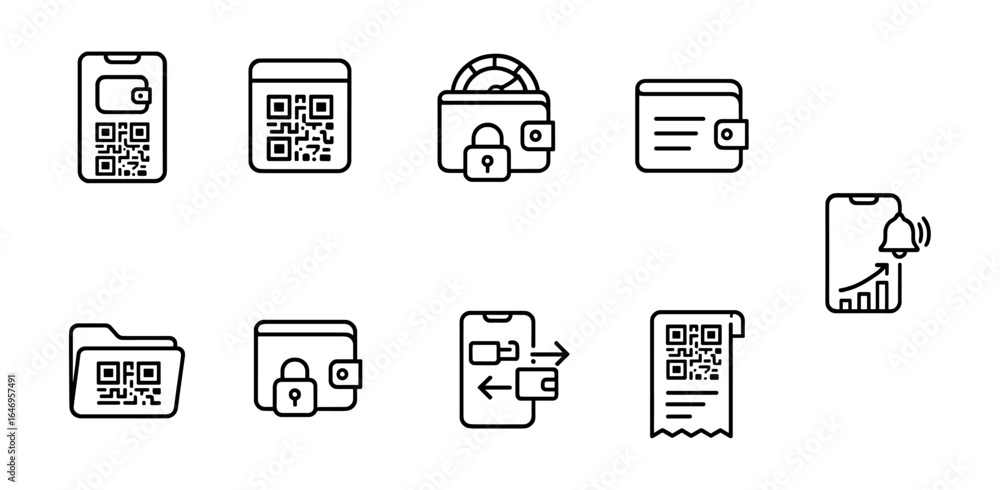 Poster security and privacy line icon set with secure qr code, wallet, notification