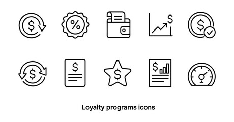 Finance and loyalty programs icon set. linear style for banking, rewards, wallets