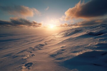 Vast, snowy expanse at sunset.  Sunrise's golden light illuminates a flat, icy landscape