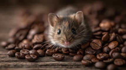 A small brown mouse curiously investigates scattered coffee beans on a textured wooden surface. The warm morning light highlights the mouse's features and the coffee beans