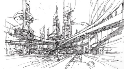 Fototapeta premium Detailed ink sketch of a futuristic cityscape.