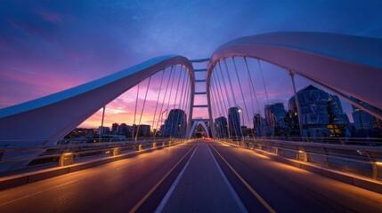 Obraz premium A breathtaking view showcases a modern arch bridge at sunset, with a vibrant sky filled with pink and purple hues. The city skyline glows in the background as traffic moves along the road