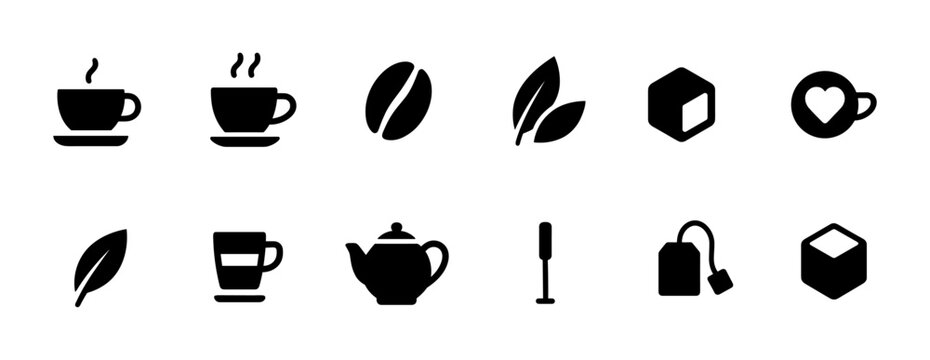 Coffee and tea solid icon set. warm beverage icons solid collection