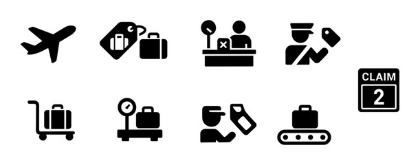 Travel and tourism silhouette icon set. vacation, airport, baggage icons collection