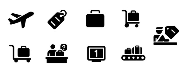 Travel and tourism solid icon set. vacation essentials in solid style