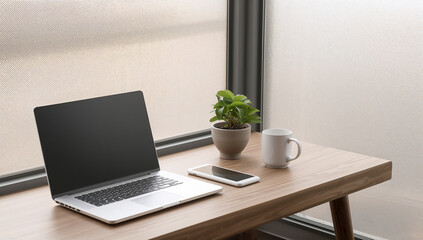 Minimalist Workspace with Laptop, Plant, and Coffee Mug by a window with natural light 