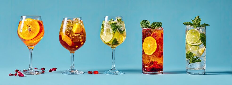 Four refreshing cocktails in elegant glasses against a vibrant blue backdrop.  Citrus slices, mint leaves, and ice adorn the beverages