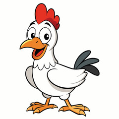 Cheerful Cartoon Chicken Character with Red Crest on a White Background