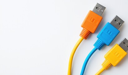 Vibrant blue, orange, and yellow cables connected to a computer on clean white background, modern technology and digital connectivity concept for network or internet themes