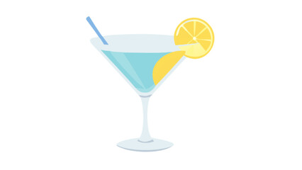 Blue lagoon cocktail illustration with lemon slice and straw for summer drink and party invitation designs