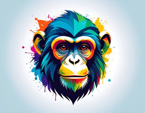 Vibrant, geometric chimpanzee portrait against a pastel backdrop with colorful paint splatters - Powered by Adobe