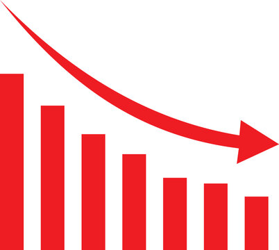 Red downward arrow with bar chart symbol representing decline, loss, reduction, negative business trend
