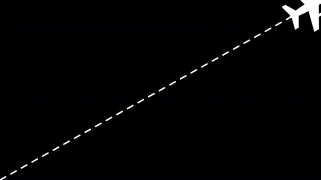 Airplane flying on dash line path to top right with start point and dash line trace. Dashed line route animation on black background 4k video