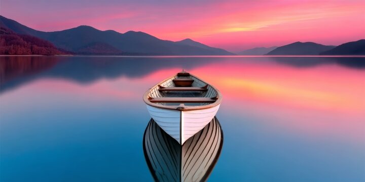 Serene Morningside A Solitary Boat Floating on Calm Waters Beneath a Vibrant Evening Sky