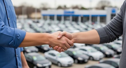 Two people shaking hands in front of a car dealership, signifying a business transaction or agreement.