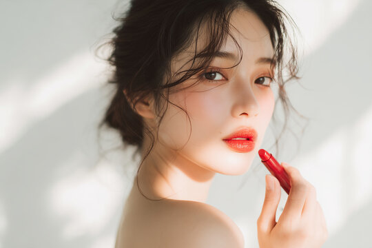 自然光の中でリップを塗る若い女性のポートレート