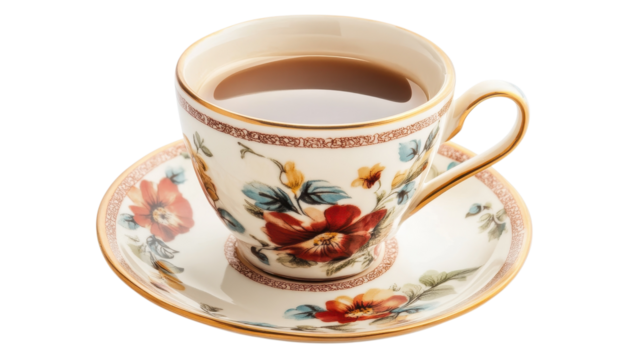 A beautifully crafted porcelain cup holds rich coffee, set on an ornate saucer with colorful floral patterns