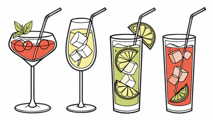 Refreshing summer cocktails vector art illustration with ice cubes and fruit slices for menu design, bar posters