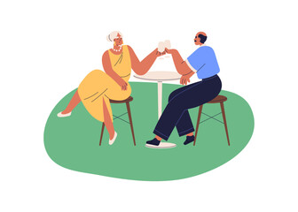 Mature love couple drinking wine outdoors. Man and woman sitting at table with wineglasses, celebrating, enjoying romantic summer date in nature. Flat vector illustration isolated on white background