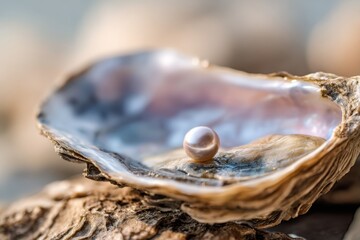 Obraz premium Iridescent Pearl Inside Open Oyster Shell on Natural Beach Background.