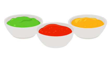 Delicious dipping sauces collection green red and yellow food condiment for tasty culinary experience gourmet treat