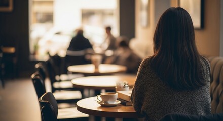 A woman sits alone in a cafe, surrounded by other patrons, enjoying a quiet moment.