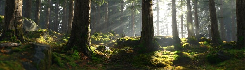 Naklejka premium Sunlight filtering through a dense forest.