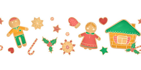 The seamless horizontal border of gingerbread on a white background. Children's style watercolor holiday's illustration.