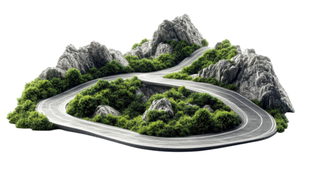 A curvy road navigates through rugged mountains, surrounded by dense greenery and rocky formations in bright daylight