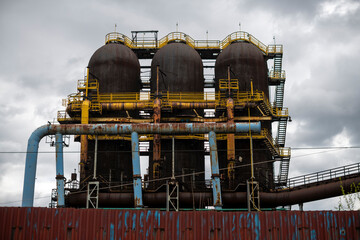 Abandoned Heavy Industrial Ruins with Large Blast Furnace in Steelworks