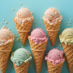 Assorted Colorful Ice Cream Cones on Blue Background