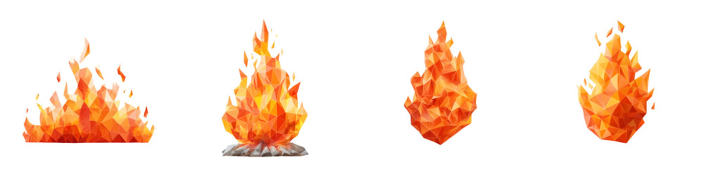 Low Poly Fire Set: Geometric Flames, Polygonal Design, Campfire
