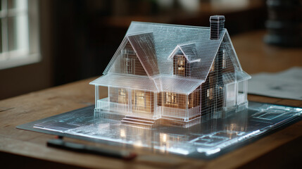 AI, Architectural drawings of a family house on the drafting table are turned into a 3D holographic model with the help of the augmented reality service