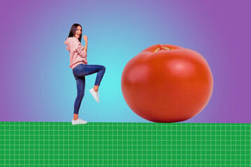 Banner full 3d zine pop trend collage of happy girl guy stand red tomato vitamin weight-loss vegetarian healthy nutrition diet