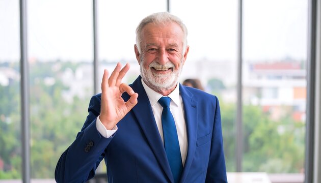 Smiling senior businessman in suit gives okay sign - Powered by Adobe