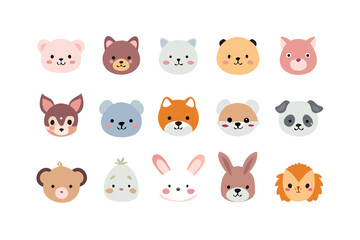 Fototapeta premium Cute animal faces vector illustration featuring bear fox rabbit and other animals for children design art