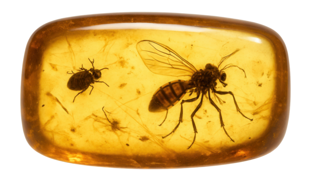 Fossilized amber piece containing preserved insect inclusions