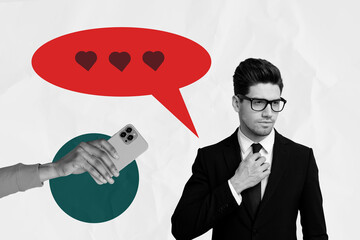 Abstract collage of person having speech bubble with like icon hand gesture use mobile gadget over...