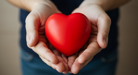 Hands cupping a vibrant red heart, symbolizing love, care, and compassion for others