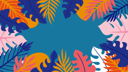 Naklejka premium Tropical leaves frame with vibrant colors and a blue background creating a summer atmosphere scene